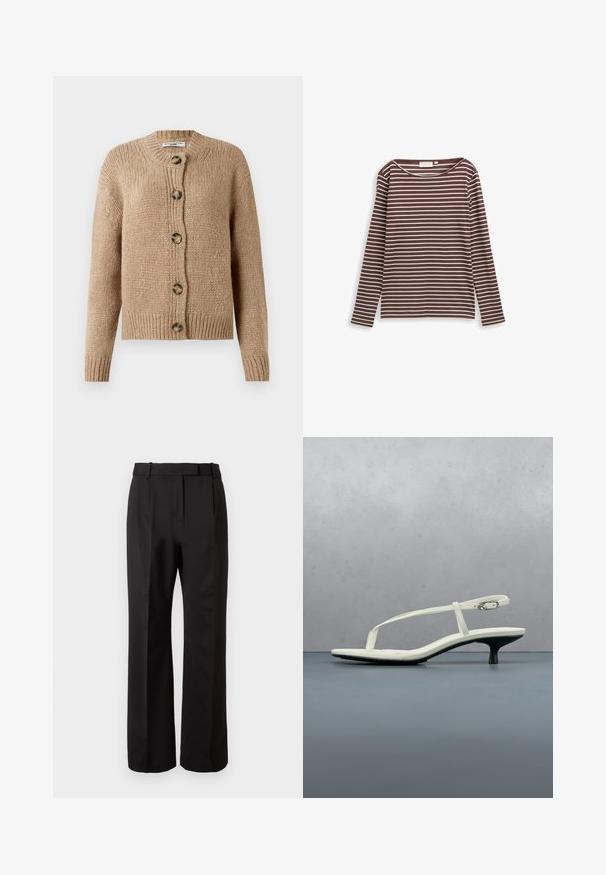 Beige chunky strikket cardigan med lange ærmer, ribbede manchetter og kant, samt fem store brune knapper foran.; Langærmet, brun og creme-striped skjorte lavet af blødt stof. Har en rund halsudskæring og et tætsiddende design.; Højtaljede sorte bukser, lavet af glat stof, med en lige ben-design, sidelommer og en flad front med læg.; Hvid sandal med stropper og kitten-hæl med spids tå, svævende over et trægulv udendørs med en sløret plante og væg i baggrunden.