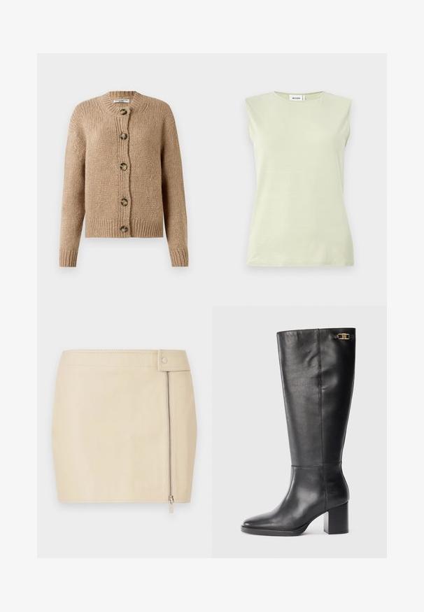 Beige chunky strikket cardigan med lange ærmer, ribbede manchetter og kant, samt fem store brune knapper foran.; Lysegrøn ærmeløs top med rund hals. Lavet af blødt stof, der har en glat tekstur og et minimalistisk design.; Beige lædernederdel i minilængde med tætsiddende design, udstyret med lynlås og knaplukning i siden. Glat tekstur med syningsdetaljer.; Sorte læder knæhøje støvler med blokhæl, spids tå og guldhardware-accent nær toppen. Glat tekstur med minimal syning.