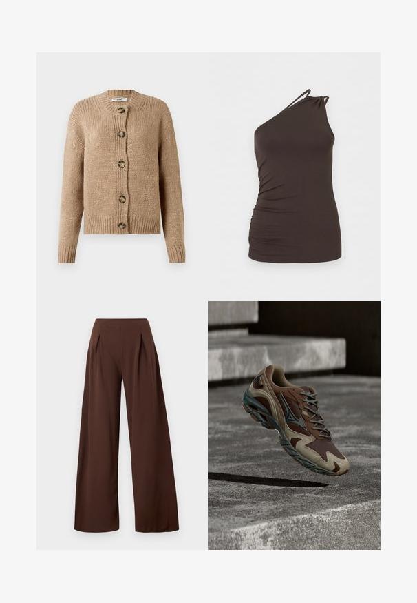 Beige, grob gestrickte Strickjacke mit langen Ärmeln, gerippten Bündchen und Saum sowie fünf großen braunen Knöpfen auf der Vorderseite.; Dunkelbraunes ärmelloses Top mit geraffter Seite und asymmetrischem Ausschnitt mit dünnen Trägern auf einer Schulter.; Weite Hosen aus dunkelbraunem Stoff mit hoher Taille, vorderen Falten und glatter Textur. Geeignet für verschiedene Anlässe.; Brauner und beiger Sportschuh mit schwarzem Logo, grauen Schnürsenkeln und grünen Details, schwebt über grauen Betontreppen im natürlichen Licht.