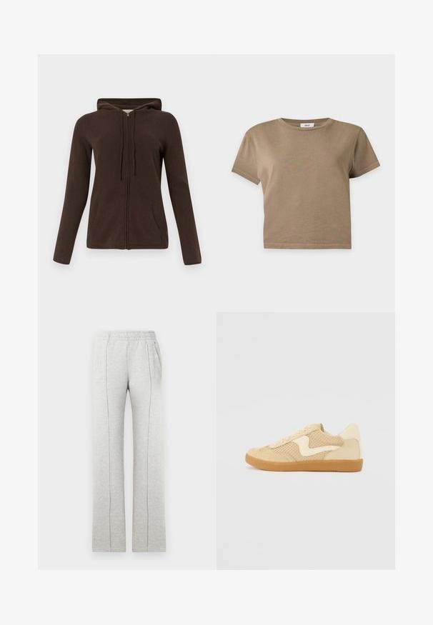 Haut à capuche zippé marron avec un cordon de serrage, des manches longues, des poches latérales et une texture douce. Le design est simple et fonctionnel.; T-shirt court marron uni à manches courtes avec col rond sur fond gris clair.; Pantalon de survêtement gris en mélange de coton doux, avec une taille élastique, des poches latérales et des détails de coutures verticales sur l'avant des jambes.; Sneaker beige avec des matériaux en daim et en maille, forme arrondie, col rembourré proéminent et semelle en caoutchouc gomme. Présente un accent de design en forme de vague.