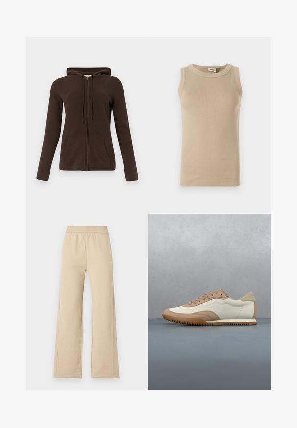 Haut à capuche zippé marron avec un cordon de serrage, des manches longues, des poches latérales et une texture douce. Le design est simple et fonctionnel.; Top sans manches beige en tissu côtelé avec un col rond, présentant des coutures ton sur ton et un design ajusté.; Pantalon beige à jambes larges avec taille élastique et détails de couture minimalistes, présenté sur un fond clair uni.; Baskets crème et beige avec une tige texturée, des lacets et une semelle en caoutchouc, présentées au-dessus d'une surface en bois avec des cailloux.