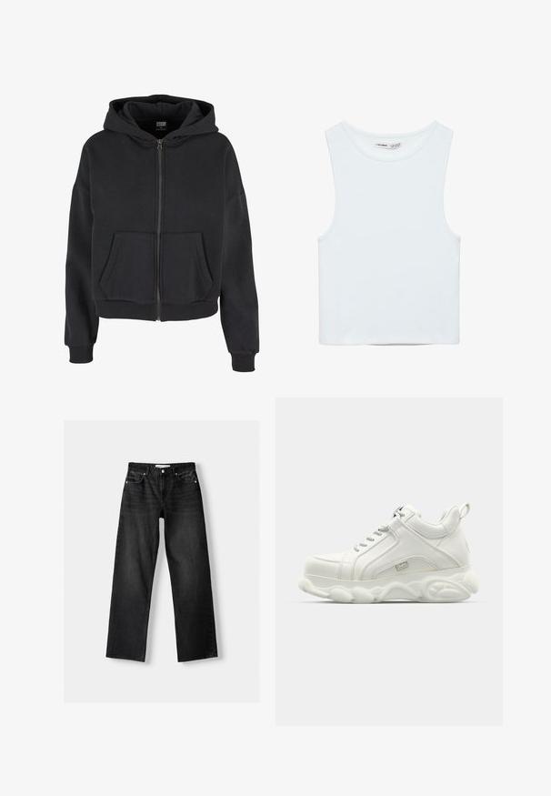 Sort zip-up hættetrøje med snøre i hætten, to forlommer, ribbet manchetter og en blød tekstur, designet til komfort og varme.; Hvid ærmeløs crop top med rund halsudskæring, lavet af glat stof, mærket Pull&Bear, egnet til afslappet brug.; Bershka Jeans Straight Leg - mottled dark grey; Hvide atletiske sneakers med en glat læderoverdel, rund sål og tekstureret accent. Har snørebånd og en slippe-strop bagpå.