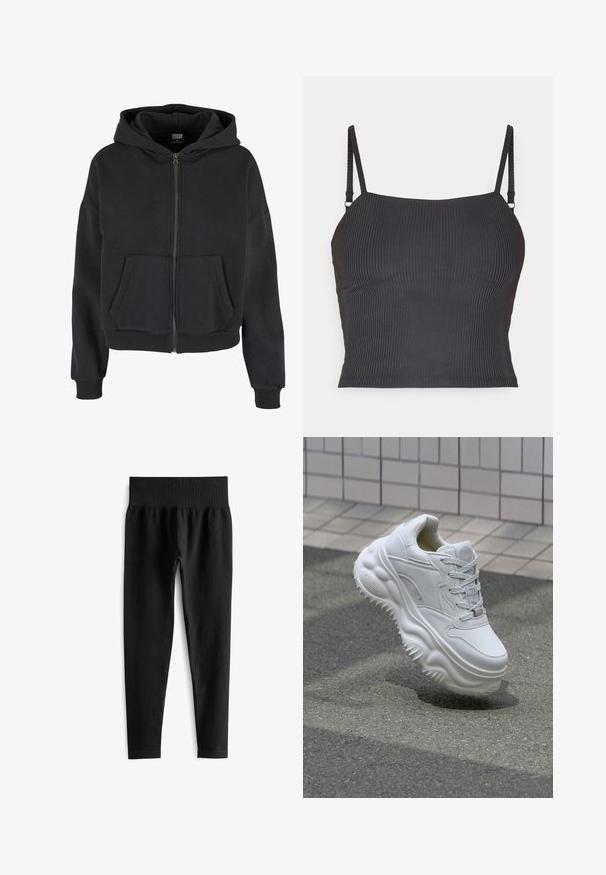 Schwarze Zip-Hoodie mit Kordelzugkapuze, zwei Fronttaschen, gerippten Bündchen und einer weichen Textur, entworfen für Komfort und Wärme.; Schwarzes geripptes Trägertop mit dünnen verstellbaren Trägern und taillierter Passform, das eine glatte Textur und einen geraden Halsausschnitt aufweist.; Schwarze gerippte Leggings mit einem breiten elastischen Bund, das eine taillierte Silhouette und eine glatte Textur aufweist. Keine sichtbaren Beschläge oder Muster.; Weiße Leder-Sneaker mit einer massiven Sohle, strukturierten Details und Schnürverschluss. Verfügt über geformte Akzente und eine glatte Oberfläche.