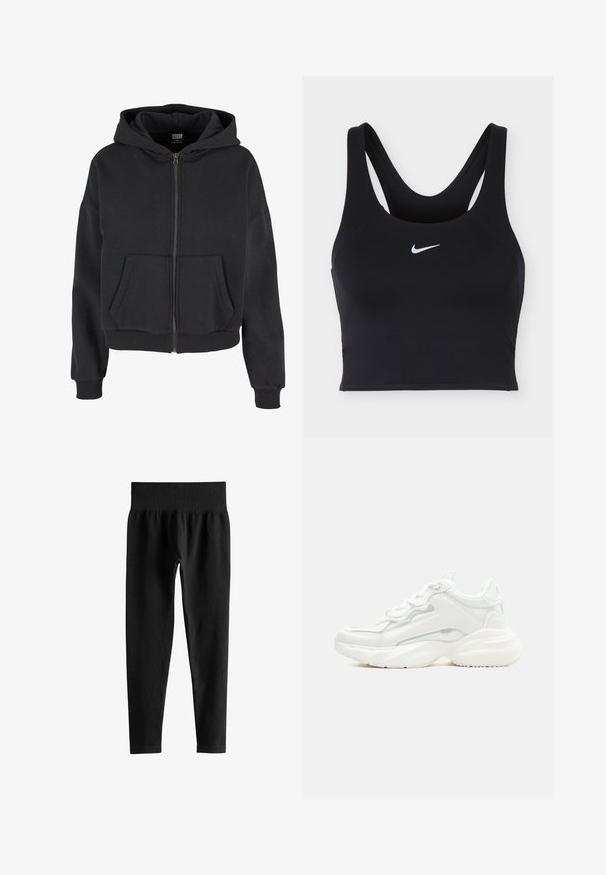 Sort zip-up hættetrøje med snøre i hætten, to forlommer, ribbet manchetter og en blød tekstur, designet til komfort og varme.; Sort Nike sports-bh med brede stropper og hvid Nike swoosh-logo centreret foran.; Sorte ribstrikkede leggings med høj talje og bred elastik i taljen, tætsiddende pasform i fuld længde uden synlige logoer eller mønstre.; Hvid chunky sneaker med tyk sål, snørelukning foran og glat syntetisk overdel med subtile syningsdetaljer.