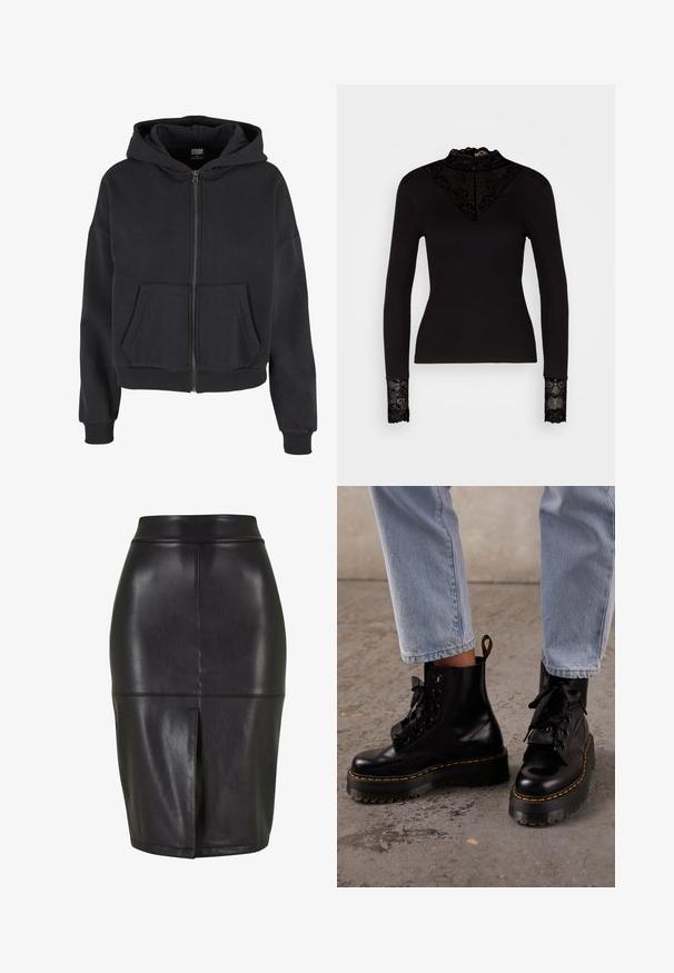 Čierna mikina na zips s kapucňou so šnúrkou, dvoma prednými vreckami, rebrovanými manžetami a mäkkou textúrou, navrhnutá pre pohodlie a teplo.; Vero Moda VMELLA HIGH NECK - Top s dlhým rukávom - black; Čierna kožená ceruzková sukňa s priliehavým strihom, ktorá má rozparok vzadu a hladkú textúru. Jednoduchý pás a detaily švov.; Osoba nosi svetlomodré rifle a čierne kožené platformové čižmy so šnúrkami a žltým prešívaním na betónovej podlahe.