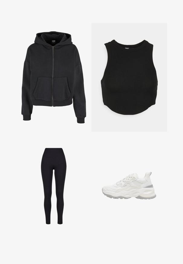 Sort zip-up hættetrøje med snøre i hætten, to forlommer, ribbet manchetter og en blød tekstur, designet til komfort og varme.; Sort ribbet crop top med høj hals og ærmeløs design. Blød tekstur med tætsiddende pasform og let buet kant.; Sorte højtaljerede leggings, lavet af strækbart stof, med en glat tekstur og en tætsiddende design uden synlige sømme eller mønstre.; Hvid chunky sneaker med tekstureret sål, mesh og læder overdel, snørelukning og trækstrop på hælen mod en hvid baggrund.