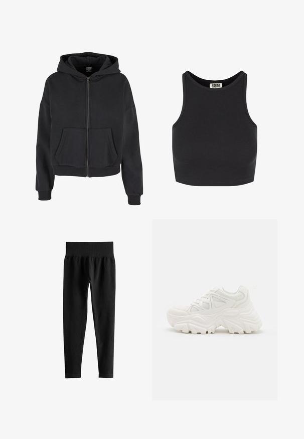 Sort zip-up hættetrøje med snøre i hætten, to forlommer, ribbet manchetter og en blød tekstur, designet til komfort og varme.; Sort ribbet crop top med ærmeløst design. Har en rund halsudskæring og en glat tekstur. Etiketten er synlig indeni halsudskæringen.; Sorte ribstrikkede leggings med høj talje og bred elastik i taljen, tætsiddende pasform i fuld længde uden synlige logoer eller mønstre.; Hvide chunky sneakers med en tekstureret overdel, mesh-paneler og tykke gummisåler med et markant dækmønster. Snørebånd og en pull-tab medfølger.