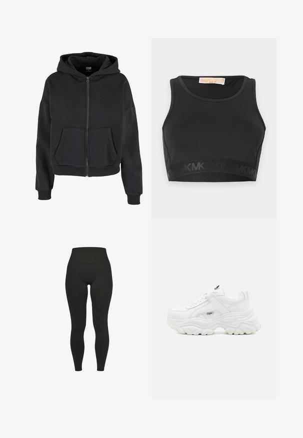 Schwarze Zip-Hoodie mit Kordelzugkapuze, zwei Fronttaschen, gerippten Bündchen und einer weichen Textur, entworfen für Komfort und Wärme.; Schwarzer Sport-BH aus glattem Stoff, mit rundem Ausschnitt und einem elastischen Bund mit Logo-Akzent am unteren Rand.; Schwarze, hoch taillierte Leggings in voller Länge mit breitem elastischem Bund, dargestellt vor weißem Hintergrund.; Weiße klobige Sneakers mit einem glatten Lederobermaterial, abgerundetem Zehenbereich und dicker, strukturiertem Sohle mit einem sichtbaren Logo der Marke an der Seite.