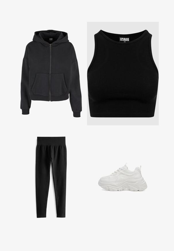 Sort zip-up hættetrøje med snøre i hætten, to forlommer, ribbet manchetter og en blød tekstur, designet til komfort og varme.; Sort ribbet cropped top med rund halsudskæring og uden ærmer. Lavet af et strækbart, tekstureret stof. Mærket siger "Urban Classics."; Sorte ribbede leggings med en bred elastisk talje, der har en tætsiddende silhuet og en glat tekstur. Ingen synlig hardware eller mønstre.; Hvide chunky sneakers med en tekstureret overdel, rund tå og en oversize sål. Har snørebånd, mesh-detaljer og en trækflig ved hælen.