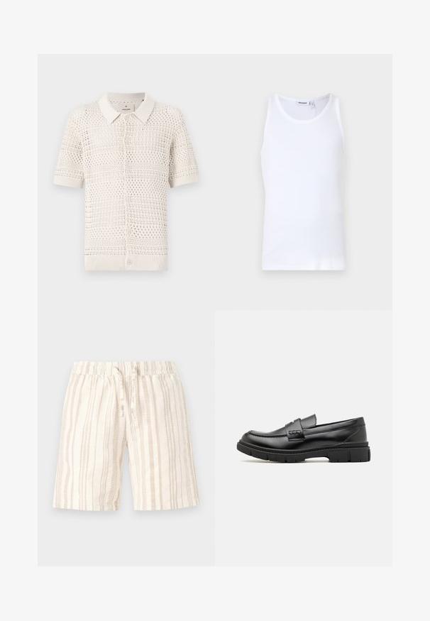 Kortærmet, lys beige strikket polo skjorte med et åbent vævemønster, der har en krave og seks knaplukninger.; Hvid bomulds tanktop med rund hals og brede stropper. Glat tekstur, ingen mønstre, enkelt design og mærkeetiket på halsudskæringen.; Lyse beige shorts med vertikale striber i varierende nuancer. Har en elastisk talje og snørebånd til justering. Blødt, struktureret stof.; Sort læder loafersko med en bred rem over forfoden, gummisål med tykke mønstre og glat overflade. Klassisk, slankt design.