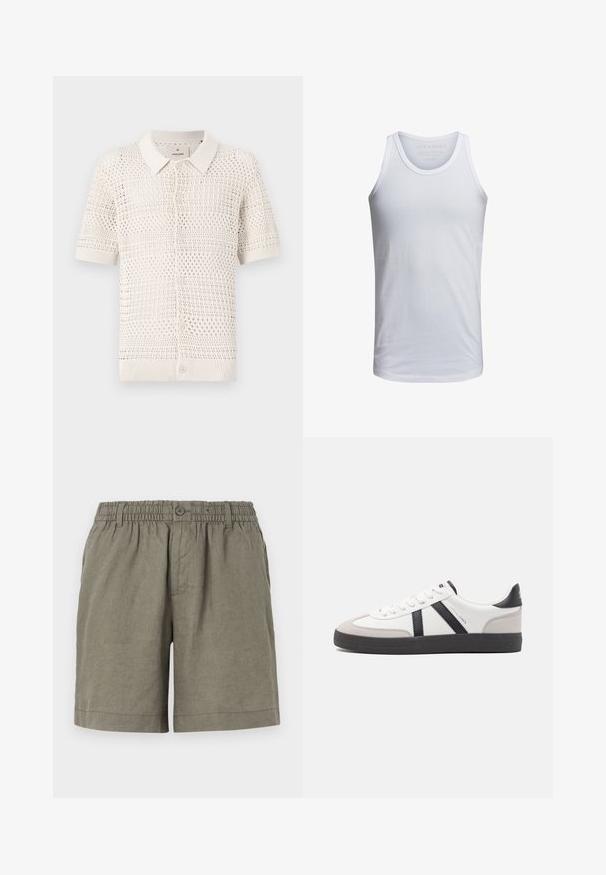 Kortærmet, lys beige strikket polo skjorte med et åbent vævemønster, der har en krave og seks knaplukninger.; Hvid bomulds tank top med rund halsudskæring, brede skulderstropper og minimal branding trykt indeni kraven. Blød tekstur, afslappet pasform.; Khaki shorts i letvægtsstof med elastisk talje og knaplukning. Har et lige ben design og optrukket kant.; Hvide sneakers med sorte og grå detaljer, med en tekstureret grå tåhætte, sort gummisål og flade hvide snørebånd. Rent design, minimalistisk stil.