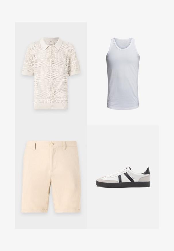 Kortærmet, lys beige strikket polo skjorte med et åbent vævemønster, der har en krave og seks knaplukninger.; Hvid bomulds tank top med rund halsudskæring, brede skulderstropper og minimal branding trykt indeni kraven. Blød tekstur, afslappet pasform.; Beige bomuldsbukser med flad frontdesign, en enkelt knaplukning og opfoldede manchetter. Har sidelommer og en glat tekstur.; Hvide sneakers med sorte og grå detaljer, med en tekstureret grå tåhætte, sort gummisål og flade hvide snørebånd. Rent design, minimalistisk stil.