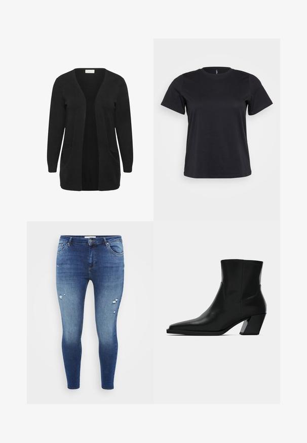 Cardigan noir à manches longues en matière tricotée douce, avec devant ouvert, deux poches avant et des poignets et ourlet côtelés.; T-shirt en coton noir à manches courtes, col rond, coupe décontractée et texture lisse. Pas de graphiques ni de motifs visibles.; Jean skinny en denim avec un lavage bleu moyen, présentant des déchirures usées au niveau des cuisses et une taille standard avec passants de ceinture.; Bottine en cuir noir avec un bout pointu, une silhouette élégante et un talon carré massif. Texture lisse avec des détails de couture minimalistes.