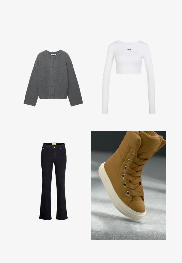 Donkergrijze cardigan met knopen, lange mouwen, geribbelde boorden, zoom en halslijn, plat gelegd tegen een witte achtergrond.; Witte cropped top met lange mouwen, ronde hals en klein zwart Adidas-logo gecentreerd onder de halslijn.; Zwarte denim flair jeans met een standaard vijf-pocketontwerp, voorzien van een knoop- en ritssluiting en een contrasterend geel merketiket op de taille.; Bordeaux puffy hoge sneakers met een zachte textuur, ronde oogjes en bijpassende veters. Witte rubberen zool met een gestructureerd gripdetail.