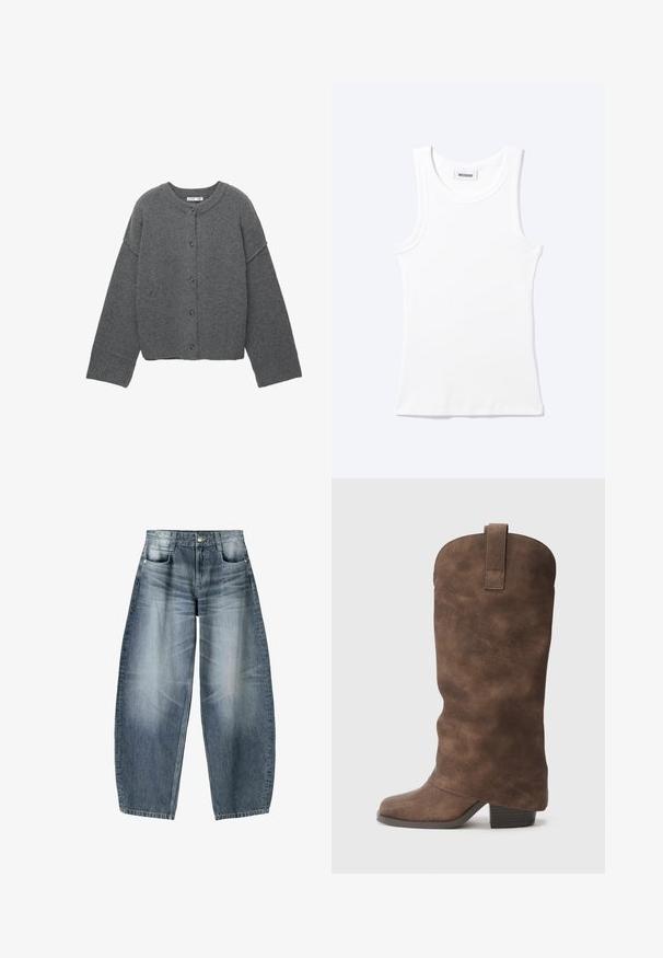 Donkergrijze cardigan met knopen, lange mouwen, geribbelde boorden, zoom en halslijn, plat gelegd tegen een witte achtergrond.; Wit mouwloos geribd tanktopje met ronde hals en een klein label met daarop "WEEKDAY" aan de binnenkant van de kraag.; Wijd gesneden jeans van lichtblauwe denim met vervaging, met een vijf-pocket ontwerp, knoopsluiting en minimale stikdetails.; Bruine synthetische knie-hoge laarzen met een ronde neus en blokhak, voorzien van een gladde textuurafwerking en een trekker aan de bovenkant.