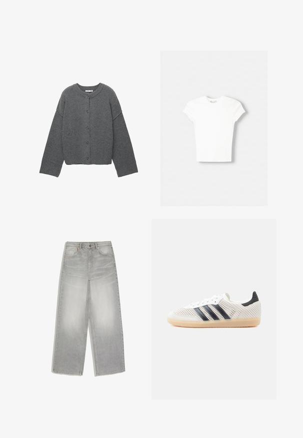 Cardigan boutonné gris foncé à manches longues, avec poignets, ourlet et encolure côtelés, présenté à plat sur un fond blanc.; T-shirt blanc à manches courtes en coton doux, avec un col rond et une coupe ajustée. Pas de motifs ni d'ornements visibles.; Jean denim gris clair à jambes larges avec poches avant et fermeture par boutons, posé à plat sur un fond blanc.; Baskets en maille blanche avec un design à trois bandes noires, bout arrondi et semelle en caoutchouc gomme. Dotées d'un col de talon souple et d'une fermeture à lacets.