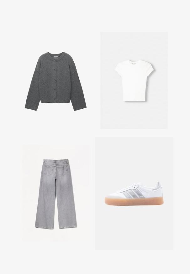 Cardigan boutonné gris foncé à manches longues, avec poignets, ourlet et encolure côtelés, présenté à plat sur un fond blanc.; T-shirt blanc à manches courtes en coton doux, avec un col rond et une coupe ajustée. Pas de motifs ni d'ornements visibles.; Jean large gris à taille haute, avec une texture lisse, deux poches arrière et des détails de couture subtils.; Baskets basses blanches avec semelle gomme, accents argentés rayés sur le côté, et fermeture à lacets, présentées sur un fond clair uni.