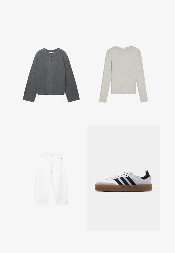 Donkergrijze cardigan met knopen, lange mouwen, geribbelde boorden, zoom en halslijn, plat gelegd tegen een witte achtergrond.; Lichtgrijs shirt met lange mouwen en ronde hals, een slanke pasvorm en zonder zichtbare patronen of logo's, platliggend op een witte achtergrond.; Witte jeans met brede pijpen, voorzien van een knoopsluiting en ritssluiting aan de voorkant, riemlussen, en zij- en voorkantenzakken, getoond tegen een effen achtergrond.; Witte leren sneakers met zwarte strepen, gumrubberen buitenzool, ronde neus, vetersluiting en een zachte grijze suède neuskap.