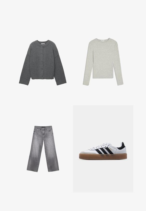 Donkergrijze cardigan met knopen, lange mouwen, geribbelde boorden, zoom en halslijn, plat gelegd tegen een witte achtergrond.; Lichtgrijs shirt met lange mouwen en ronde hals, een slanke pasvorm en zonder zichtbare patronen of logo's, platliggend op een witte achtergrond.; Grijze jeans met wijde pijpen, voorzakken, riemlussen en knoopsluiting, met vervaagde details op de dijen en knieën.; Witte leren sneakers met zwarte strepen, gumrubberen buitenzool, ronde neus, vetersluiting en een zachte grijze suède neuskap.