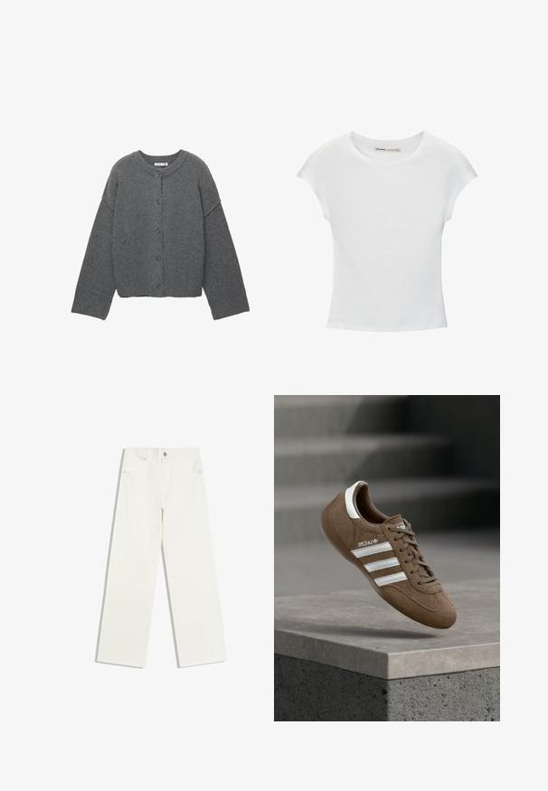 Donkergrijze cardigan met knopen, lange mouwen, geribbelde boorden, zoom en halslijn, plat gelegd tegen een witte achtergrond.; Witte katoenen T-shirt met korte, opgerolde mouwen, een ronde halslijn en een rechte zoom. Gladde textuur zonder zichtbare patronen of accenten.; Witte jeans met hoge taille en rechte pijpen, met voorzakken en een knoopsluiting op een witte achtergrond.; Bruine suède Adidas Spezial sneaker met witte strepen en veters, zwevend boven een grijze betonnen richel tegen een vervaagde trap op de achtergrond.