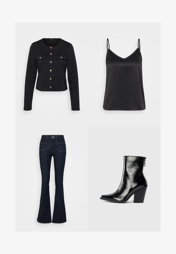 Schwarze, langärmelige, kurze Jacke mit rundem Ausschnitt, Verschluss mit goldenen Knöpfen und zwei Brusttaschen. Weicher Stoff mit glatter Textur.; Schwarzes Satin-Camisole mit V-Ausschnitt, dünnen verstellbaren Trägern und einer glatten, glänzenden Textur. Keine Muster oder zusätzlichen Akzente.; Dunkelblaue Schlagjeans aus Denim mit hoher Taille, fünf Taschen und Kontrastnähten an den Nähten. Glatte Textur.; Schwarze Leder-Ankle Boots mit glänzendem Finish, spitzer Zehenform und Blockabsatz. Verfügt über einen seitlichen Reißverschluss für ein einfaches Anziehen.