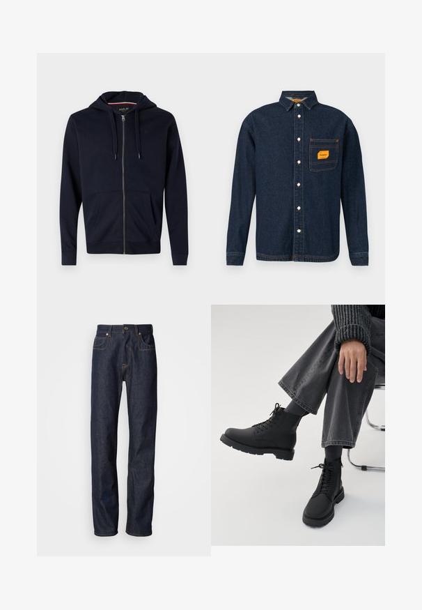 Marine blauwe ritshoodie van een katoenmix, met een trekkoordcapuchon, twee voorzakken en ribgebreide manchetten en zoom. Klein logo accent op de borst.; Donkerblauwe denim shirt met button-down kraag, oranje label op de borstzak en witte knopen. Zachte textuur met contrasterende stikseldetails.; Donkerblauwe denim jeans met een rechte pasvorm, voorzien van koperen stiksels, een vijf-pocket ontwerp en een klassieke rits- en knoopsluiting.; Persoon zit met over elkaar geslagen benen, draagt zwarte veterlaarzen, donkere sokken, grijze wijde broekspijpen en een geribde donkere trui op een witte achtergrond.