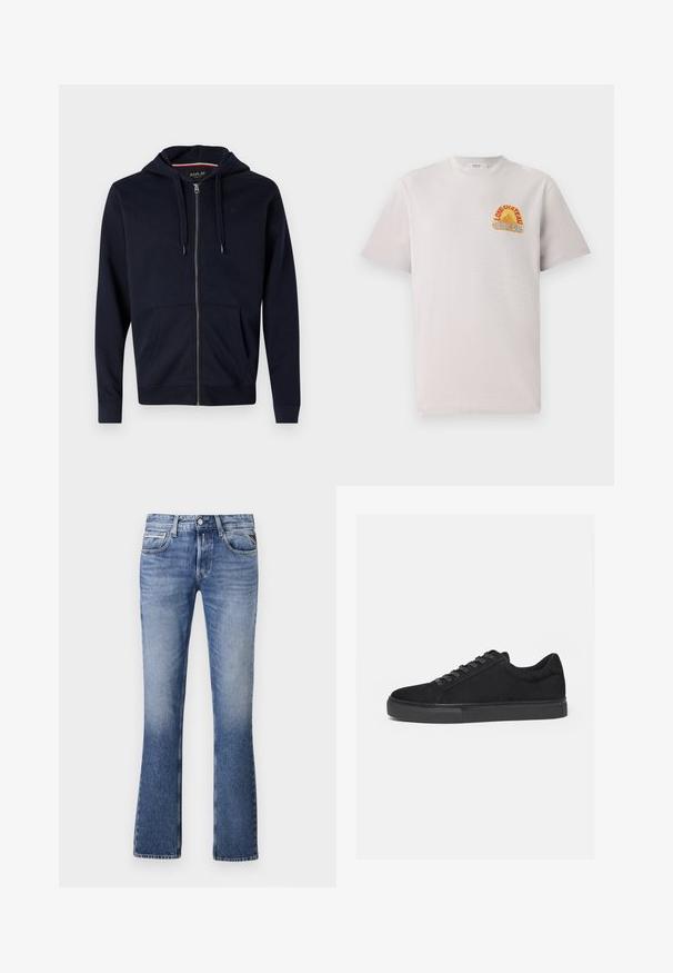 Marineblå lynlås-hættejakke lavet af bomuldsblanding, med justerbar hætte, to frontlommer og ribbet manchetter og bund. Lille logo-accents på brystet.; Lysegrå bomulds T-shirt med rund hals, der har et farverigt "Lone Château Replay" grafik i orange og blå på brystet.; Lyseblå denimjeans med en udvidet ben-design, der har fem lommer, en knaplukning foran og diskret falmning overalt.; Sort lavtop sneaker med snørelukning foran og flad gummisål, vist fra siden på en hvid baggrund.