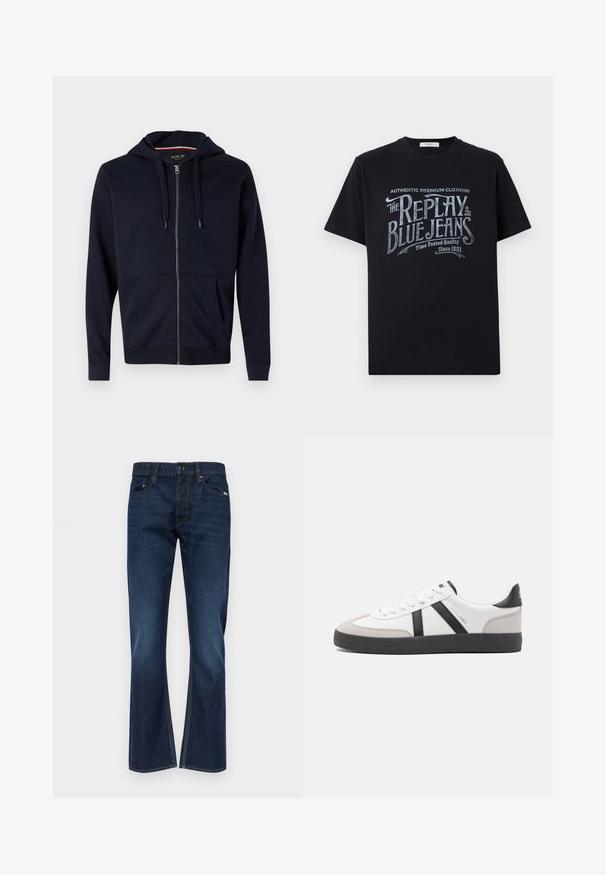 Sudadera con cremallera en color azul marino, fabricada con una mezcla de algodón, que incluye capucha con cordón, dos bolsillos frontales, y puños y dobladillo de canalé. Acento de logotipo pequeño en el pecho.; Camiseta de algodón negra de manga corta y cuello redondo, con un diseño gráfico de texto en estilo vintage en blanco y azul claro en la parte frontal.; Jeans de mezclilla azul oscuro con un diseño de pierna recta, que cuentan con cinco bolsillos, passadores para cinturón y detalles de costura en contraste.; Zapatilla blanca con acentos en negro y gris, que presenta una puntera texturizada en gris, suela de goma negra y cordones planos blancos. Diseño limpio, estilo minimalista.