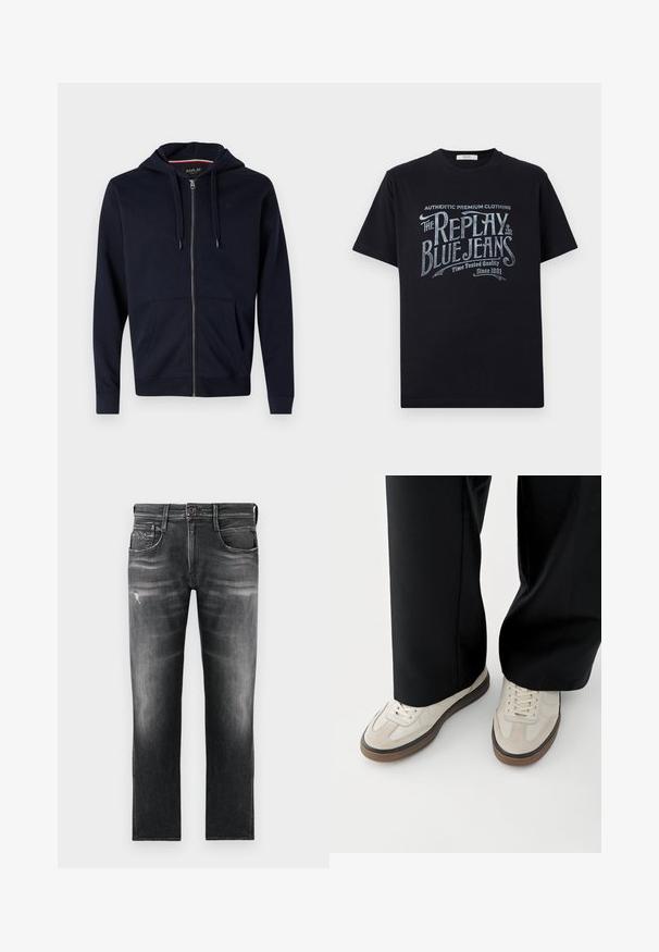 Sweat à capuche zippé marine en mélange de coton, doté d'une capuche avec cordon de serrage, de deux poches avant et de poignets et d'un ourlet côtelés. Petit logo accent sur la poitrine.; T-shirt en coton noir à manches courtes et col rond, ornée d'un design graphique en texte blanc et bleu clair de style vintage sur le devant.; Jean en denim noir avec une coupe droite, présentant un léger délavage, des effets de frottement subtils et une légère usure au niveau du genou.; Pieds portant des baskets beige avec des semelles marron et un pantalon noir à jambes larges sur fond blanc.