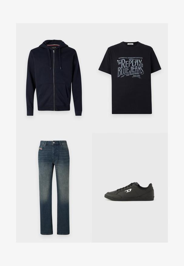 Sudadera con cremallera en color azul marino, fabricada con una mezcla de algodón, que incluye capucha con cordón, dos bolsillos frontales, y puños y dobladillo de canalé. Acento de logotipo pequeño en el pecho.; Camiseta de algodón negra de manga corta y cuello redondo, con un diseño gráfico de texto en estilo vintage en blanco y azul claro en la parte frontal.; Vaqueros de mezclilla azul de pierna recta con lavado desvanecido, cierre frontal con botón y cremallera, y diseño de cinco bolsillos.; Zapatillas deportivas negras sintéticas con suela negra texturizada, puntera redonda y cordones planos negros. Destaca un logo blanco en el lateral exterior.