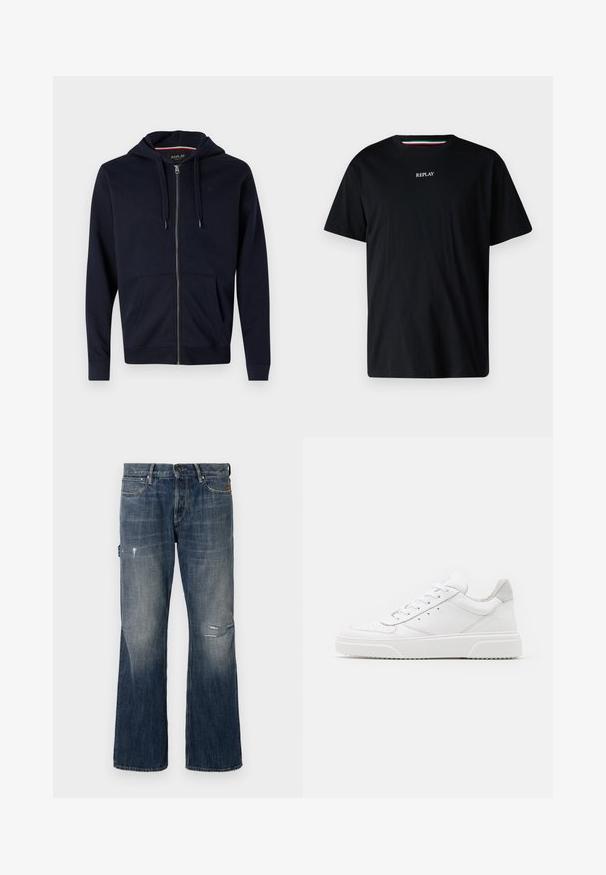 Marineblå lynlås-hættejakke lavet af bomuldsblanding, med justerbar hætte, to frontlommer og ribbet manchetter og bund. Lille logo-accents på brystet.; Sort bomulds t-shirt med rund hals og korte ærmer. Ordet "REPLAY" er broderet i hvidt på tværs af brystet.; Denim jeans i mørkeblå med en lysnet vask. Har en vid benstil, slidte detaljer herunder et hul, og standard fem lomme-design.; Hvide lædersneakers med en glat finish, rund tå, flade snørebånd og en struktureret sål. Grå ruskindsdetalje ved hælen.