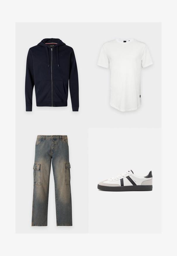 Navy Zip-Hoodie aus Baumwollmischung, mit einer Kapuze mit Kordelzug, zwei Fronttaschen und Rippbündchen an Ärmeln und Saum. Kleines Logo-Detail auf der Brust.; Weißes T-Shirt mit kurzen Ärmeln aus Baumwolle, mit Rundhalsausschnitt und einem leicht verlängerten Rückenteil, sowie einem kleinen Logo-Akzent an der Seite.; Denim-Cargo-Hosen in einem verblassten Blauton, lockerer Schnitt, zwei große Seitentaschen, genähte Nähte und ein klassisches Taillenband-Design.; Weiße Sneaker mit schwarz- und grau-aczenten, ausgestattet mit einer strukturierten grauen Zehenkappe, schwarzer Gummi-Sohle und flachen weißen Schnürsenkeln. Sauberes Design, minimalistische Stil.