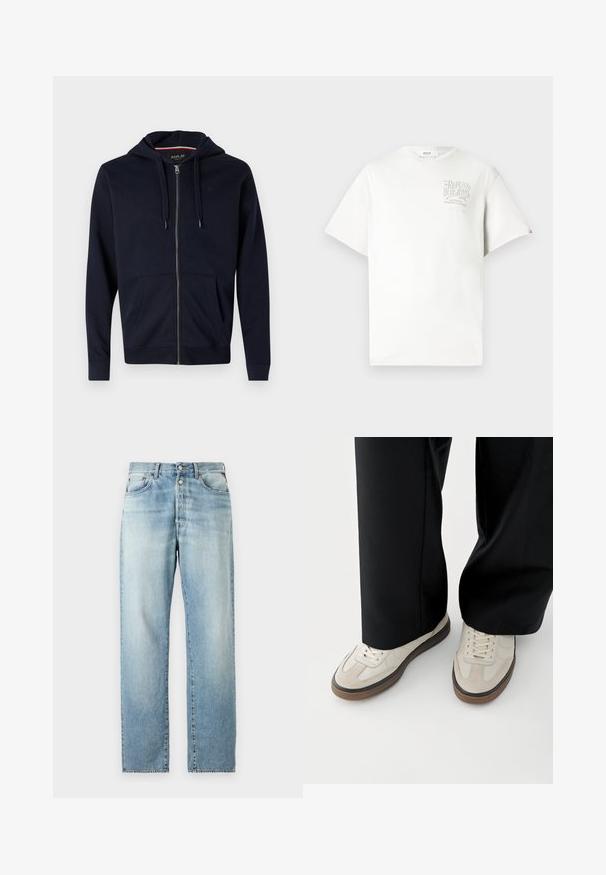 Marineblå lynlås-hættejakke lavet af bomuldsblanding, med justerbar hætte, to frontlommer og ribbet manchetter og bund. Lille logo-accents på brystet.; Hvid bomulds t-shirt med korte ærmer, der har et trykt logo i grå på venstre bryst. Rund hals, afslappet pasform og minimale detaljer.; Lyseblå denimjeans med lige ben-design, der har et klassisk fem-lomme layout og knapåbning. Falmet tekstur over det hele.; Fødder iført beige sneakers med brune såler og sorte bukser med vide ben på hvid baggrund.
