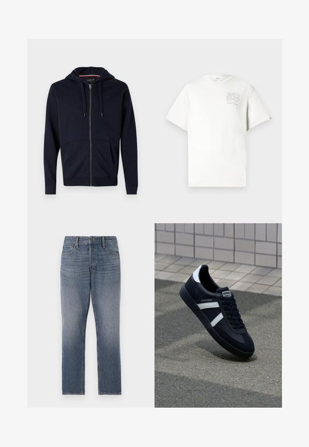 Marine blauwe ritshoodie van een katoenmix, met een trekkoordcapuchon, twee voorzakken en ribgebreide manchetten en zoom. Klein logo accent op de borst.; Witte katoenen t-shirt met korte mouwen, voorzien van een grijs bedrukt logo op de linker borst. Ronde hals, losse pasvorm en minimale accenten.; Donkerblauwe denim jeans met rechte pijpen, voorzien van een vervaagde was, vijf zakken en hardware in kopertint. Een schone, klassieke uitstraling.; Zwarte leren sneaker met witte strepen, een gestructureerde rubberen zool en vetersluiting aan de voorkant. Voorzien van een merklabel op de tong.