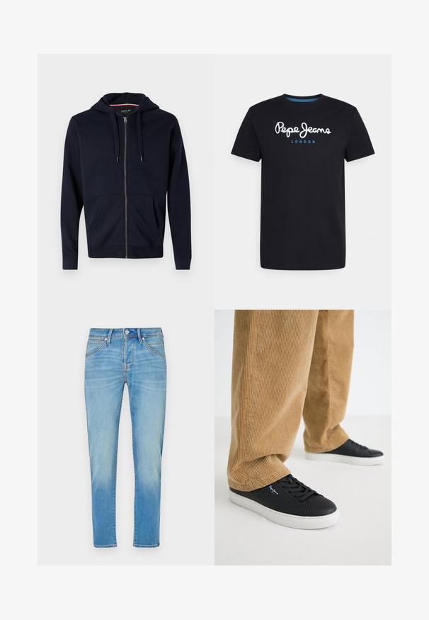 Sudadera con cremallera en color azul marino, fabricada con una mezcla de algodón, que incluye capucha con cordón, dos bolsillos frontales, y puños y dobladillo de canalé. Acento de logotipo pequeño en el pecho.; Camiseta negra de algodón con un logo de guion en blanco "Pepe Jeans" con un acento azul, cuello redondo y mangas cortas. Diseño simple y sólido.; Jeans de mezclilla azul claro con un diseño de pierna recta, que cuentan con cierres de botón, cinco bolsillos y un ligero desgastado en la tela.; Zapatillas de cuero negro con suelas de goma blanca. Llevadas con pantalones de pana en color beige, con acanaladuras verticales y un ajuste relajado.
