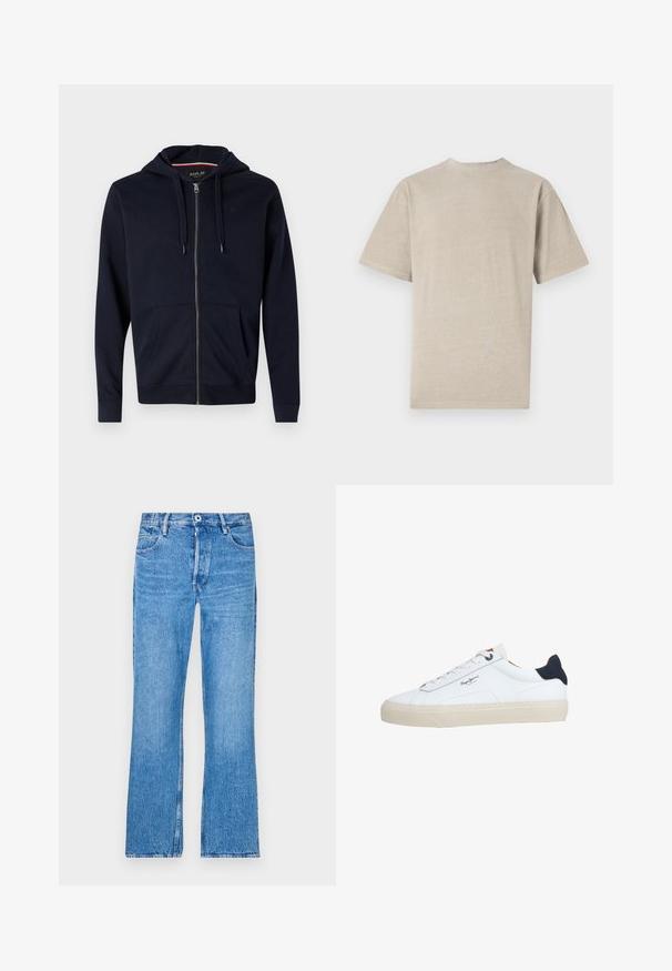 Navy Zip-Hoodie aus Baumwollmischung, mit einer Kapuze mit Kordelzug, zwei Fronttaschen und Rippbündchen an Ärmeln und Saum. Kleines Logo-Detail auf der Brust.; Kurzarm-T-Shirt in hellem Beige mit Rundhalsausschnitt, aus weichem Stoff gefertigt, mit glatter Textur und schlichtem Design ohne Grafiken.; Blaue, gerade geschnittene Jeans aus Denim mit einem verfärbten Waschlook. Mit Knopfverschluss, Gürtelschlaufen und dem klassischen Fünf-Taschen-Design.; Weißer Sneaker in niedriger Schnittform mit beiger Sohle, weißen Schnürsenkeln, schwarzem Fersenlasche und dem "Pepe Jeans London"-Logo an der Seite.