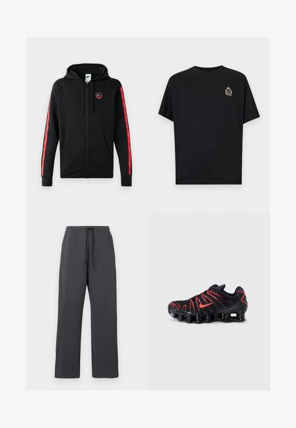 Čierna mikina Nike so zipsom a s kapucňou na šnúrku, predné vrecká a červené pruhy s bielymi logami Nike pozdĺž rukávov.; Čierne tričko s krátkym rukávom s malým béžovým erbovým logom na ľavej strane hrudníka, obsahujúce slovo „NIKE“ v dezéne vavrína a koruny.; Sivé teplákové nohavice s elastickým pásom a šnúrkou, vyrobené z mäkkej látky. Dizajn s širokými nohavicami a bočnými švami, s minimálnymi detailmi a bez viditeľných vzorov.; Čierne športové topánky s červenými prvkami, vybavené textúrovaným sieťovým zvrškom, jedinečným vlnitým dizajnom a tvarovanou mäkčenou podrážkou.