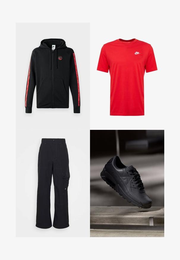 Sudadera con cremallera negra de Nike, con capucha ajustable, bolsillos frontales y rayas rojas con logotipos blancos de Nike a lo largo de las mangas.; Camiseta de algodón roja de cuello redondo con mangas cortas, que presenta un logo de Nike blanco en la parte izquierda del pecho. Textura suave y diseño casual.; Pantalones cargo negros hechos de tejido texturizado, con un diseño de pierna ancha, costuras visibles y un bolsillo lateral con cierre a presión.; Zapatillas Nike Air Max negras con parte superior de cuero texturizado, suela de goma y un sistema de cordones prominente, que muestran un diseño elegante y moderno.