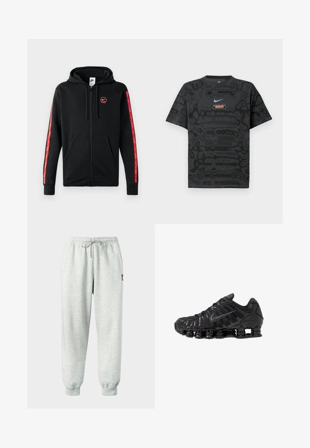 Sudadera con cremallera negra de Nike, con capucha ajustable, bolsillos frontales y rayas rojas con logotipos blancos de Nike a lo largo de las mangas.; Camiseta negra con un patrón texturizado, que presenta un pequeño logotipo de Nike en azul claro y un parche rectangular con el logotipo en colores contrastantes.; Pantalones deportivos gris claro hechos de material suave con una cintura elástica, cordón y puños acanalados; cuentan con un pequeño logo en el lateral.; Zapatillas deportivas negras fabricadas con malla y materiales sintéticos, con un diseño ondulado distintivo, suela de goma negra y detalles reflectantes.