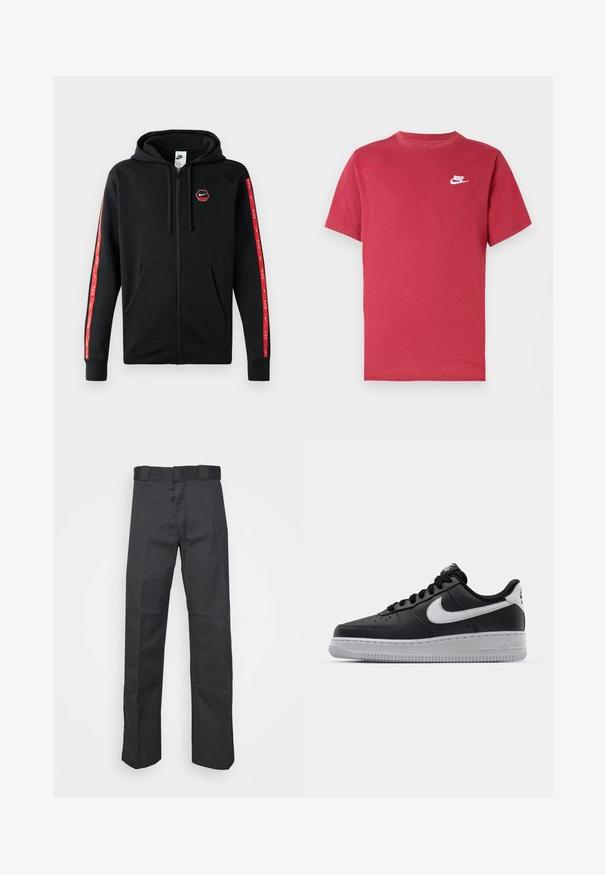 Schwarze Nike Zip-Hoodie mit Kordelzugkapuze, Fronttaschen und roten Streifen mit weißen Nike-Logos entlang der Ärmel.; Rotes Nike-T-Shirt mit kurzen Ärmeln, weißem Logo auf der linken Brust, Rundhalsausschnitt und schlichtem Design auf neutralem Hintergrund.; Schwarze Hose aus strapazierfähigem Material, mit geradem Bein, einem Bund mit Gürtelschlaufen und Nähten für zusätzlichen Textur.; Schwarze Ledersneaker mit strukturierten Oberflächen, weißem Nike-Swoosh, grauer Sohle, runder Zehenpartie und Schnürdesign. Verfügt über Perforationen an der Zehenbox.