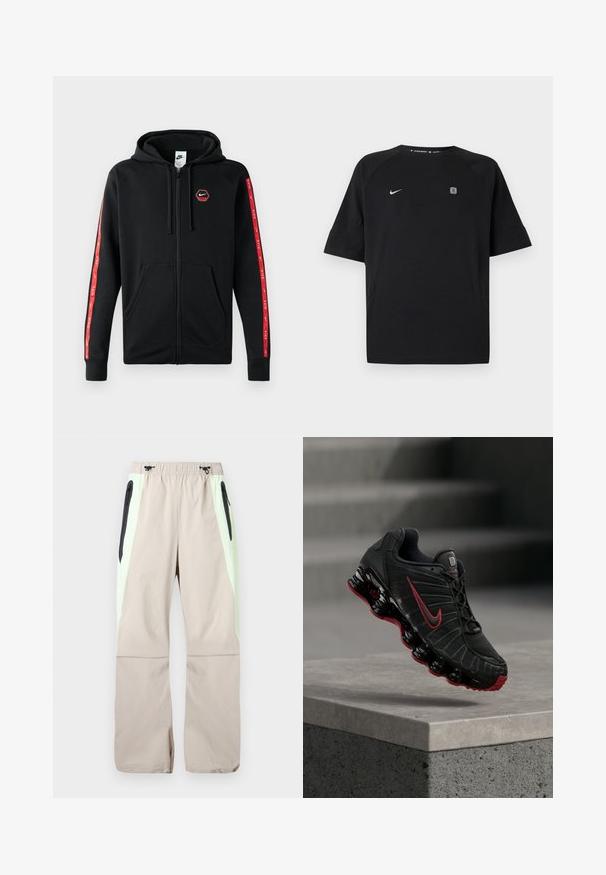 Mustakas Nike'i tõmblukkidega kapuutsiga huppar, millel on nööriga kapuuts, eestaskud ja punased triibud koos valgete Nike'i logodega varrukatel.; Must Nike lühikeste varrukatega spordisärk valge kaarelogoga vasakul rinnal ja väike ruudukujuline embleem paremal rinnal, ühevärviline taust.; Beežid püksid helesiniste küljetega, mustad rebitavate reide taskutega ja elastse vöökohaga, millel on mustad nöörid.; Must ja punane Nike spordijalats nähtava vedeliku sarnase tallaga, mis tasakaalustab betoonist astme serval.