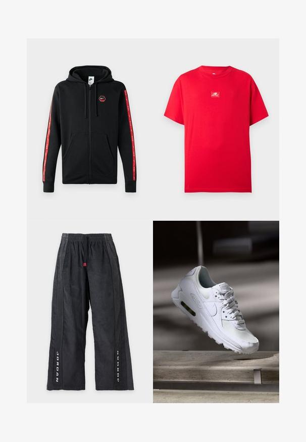 Čierna mikina Nike so zipsom a s kapucňou na šnúrku, predné vrecká a červené pruhy s bielymi logami Nike pozdĺž rukávov.; Červené tričko s krátkym rukávom a okrúhlym výstrihom, na hrudi v strede malý biely obrázok kupida.; Čierne nohavice so širokými nohavicami s elastickým pásom a šnúrkou, so štruktúrovanou textíliou a slovom "JORDAN" vytlačeným bielou farbou vertikálne na každej nohavici.; Biele tenisky Nike Air Max 90 s vrchnou časťou z kože a sieťoviny, perforovanou špičkou a viditeľnou vzduchovou jednotkou v päte.