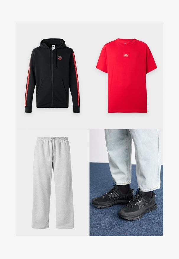 Zwarte Nike zip-up hoodie met trekkoordkap, voorzakken en rode strepen met witte Nike-logo's langs de mouwen.; Rood T-shirt met korte mouwen en een ronde hals, met een kleine witte afbeelding van een cupido in het midden van de borst.; Lichtgrijze joggers met een koord in de taille, gemaakt van een zachte katoenmix, met brede benen en een gladde textuur. Geen zichtbare zakken.; Zwarte sportschoenen met gestructureerde stof en rubberen zolen, met elastische veters en een blauwe accent op de hiel. Draag samen met lichte spijkerbroeken.