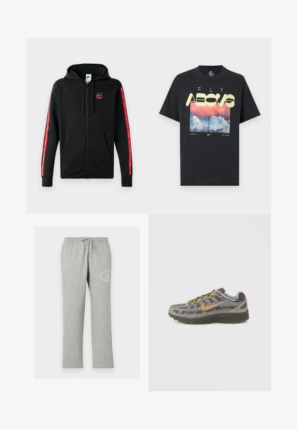 Čierna mikina Nike so zipsom a s kapucňou na šnúrku, predné vrecká a červené pruhy s bielymi logami Nike pozdĺž rukávov.; Čierne bavlnené tričko s grafikou oblakov, ružovej a modrej oblohy a výrazným žltým textom "FLY ABOVE" a "NEEXISTUJE ŽIADNY LIMIT."; Sivé tepláky s elastickým pásom a šnúrkou, s malým bielym kruhovým logom na hornej ľavej stehne.; Šedá semišová teniska so zlatými akcentmi, textúrovanými panelmi a zladenými šnúrkami. Má polstrovanú podrážku a detail loga na boku.