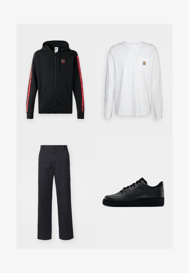Zwarte Nike zip-up hoodie met trekkoordkap, voorzakken en rode strepen met witte Nike-logo's langs de mouwen.; Wit katoenen overhemd met lange mouwen, met een borstzakje met een vierkante logo patch. Eenvoudig ontwerp met een ronde halslijn en manchetten.; Zwarte rechte broek van een katoenmix. Heeft een platte tailleband met riemlussen en geen zichtbare hardware of versieringen.; Zwarte Nike Air Force 1 sneaker met een gladde leren bovenkant, geperforeerde neus voor ademend vermogen, zwarte veters en een getextureerde rubberen zool.