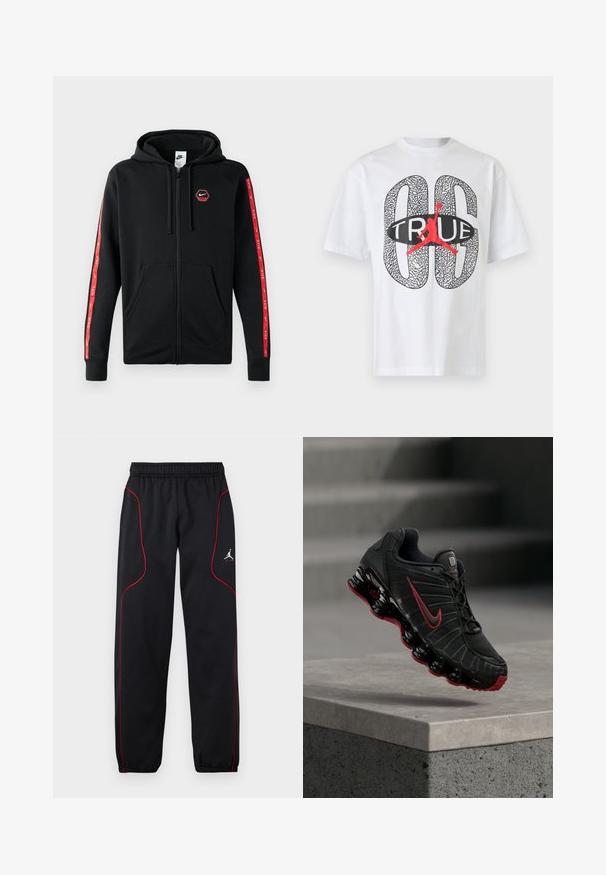 Mustahi Nike zip-up hoodie mweusi wenye kofia inayoingizwa, mifuko ya mbele, na mistari nyekundu yenye nembo za Nike za rangi nyeupe kwenye mikono.; Valkoinen lyhythihainen t-paita, jossa on suuri musta kuvioitu "06" ja "TRUE" -teksti sekä keskellä punainen koripalloilijan siluetti.; Musta urheiluhousut, joissa punaiset koristelistat, joustava vyötärönauha ja hihansuut sekä pieni valkoinen Jumpman-logo oikeassa reisissä.; Musta ja punainen Nike-urheilukenkä näkyvällä jousimaisella pohjallisella, tasapainottelee betonisen portaan reunalla.