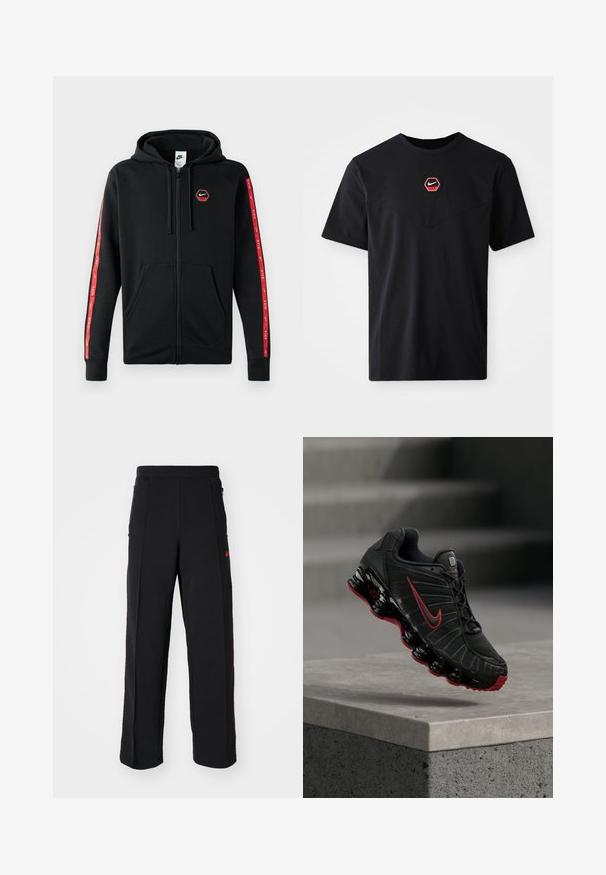 Mustakas Nike'i tõmblukkidega kapuutsiga huppar, millel on nööriga kapuuts, eestaskud ja punased triibud koos valgete Nike'i logodega varrukatel.; Must puuvillane lühikeste varrukatega T-särk, millel on rinnal kuusnurkne punase ja valge Nike logo ning ümar kaelus.; Mustad spordipüksid, millel on lahti istuv lõige, tõmblukuga punased aktsendid ja küljetaskud. Kangas näib olevat pehme ja sile tekstuur.; Must ja punane Nike spordijalats nähtava vedeliku sarnase tallaga, mis tasakaalustab betoonist astme serval.