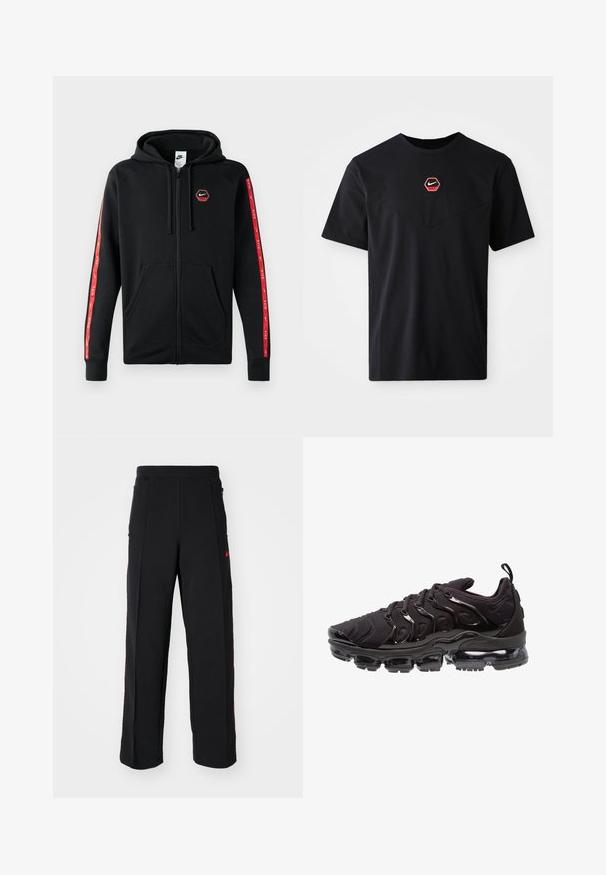Sort Nike zip-up hoodie med snøre i hætten, frontlommer og røde striber med hvide Nike-logoer langs ærmerne.; Sort kortærmet T-shirt i bomuld med et sekskantet rødt og hvidt Nike-logo på brystet og en rund halsudskæring.; Svarte sweatpants med løs pasform, der har røde detaljer og lommer på siderne. Materialet ser blødt ud med en glat tekstur.; Sorte atletiksko med et tekstureret stofoverdel, metalliske detaljer og en markant luftfyldt sål. Har distinkte bølge-lignende designelementer.