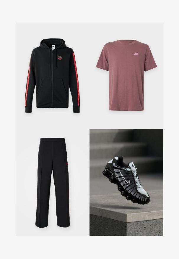 Sort Nike zip-up hoodie med snøre i hætten, frontlommer og røde striber med hvide Nike-logoer langs ærmerne.; Vinrød bomuld t-shirt med korte ærmer, rund hals og en pink Nike-logo på venstre brystområde. Glat tekstur, standard pasform.; Svarte sweatpants med løs pasform, der har røde detaljer og lommer på siderne. Materialet ser blødt ud med en glat tekstur.; Sort og hvid Nike løbesko svævende over en betonoverflade med en trappet stens baggrund.