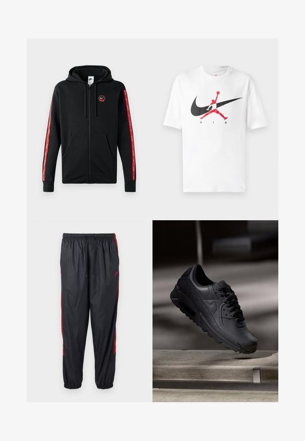 Zwarte Nike zip-up hoodie met trekkoordkap, voorzakken en rode strepen met witte Nike-logo's langs de mouwen.; Witte katoenen T-shirt met een groot zwart en rood Nike Swoosh-logo, vergezeld van de silhouet van een basketballer. Korte mouwen, ronde halslijn.; Zwarte Nike hardloopbroek met rode zijkstrepen, elastische tailleband met trekkoord en elastische boorden.; Zwarte Nike Air Max sneakers met een bovenwerk van gestructureerd leer, rubberen zool en een opvallend vetersysteem, dat een strakke, moderne uitstraling heeft.